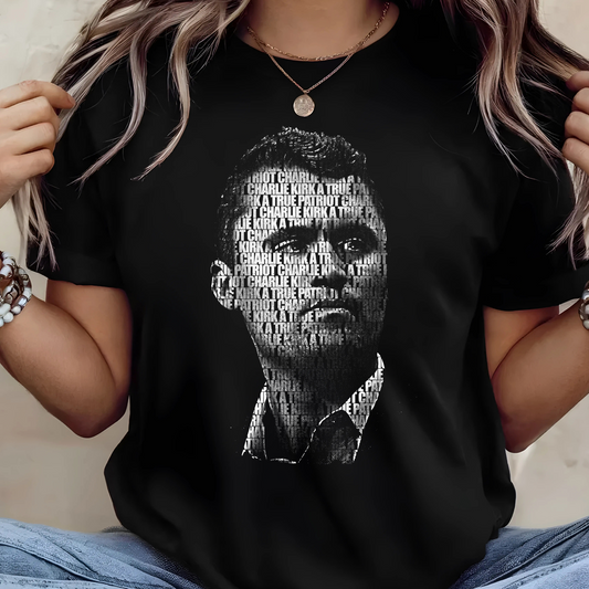 Charlie Kirk memorial tribute shirt women's lifestyle photo black conservative remembrance wear unisex sizing