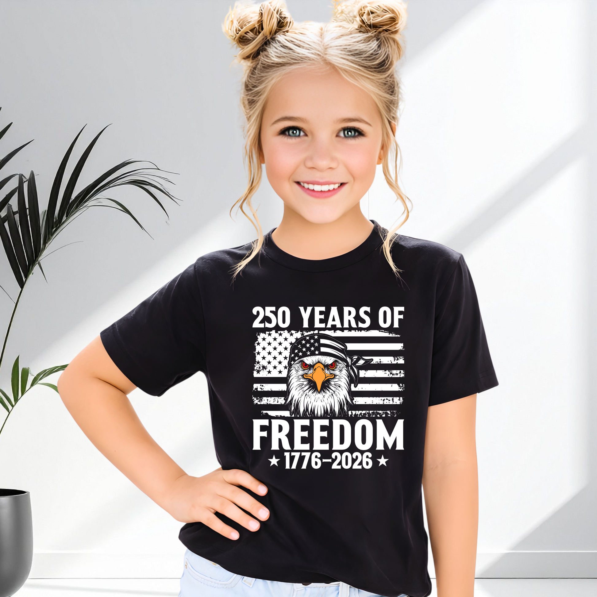 Child wearing a black t-shirt with a design celebrating 250 years of freedom, standing against a light background.