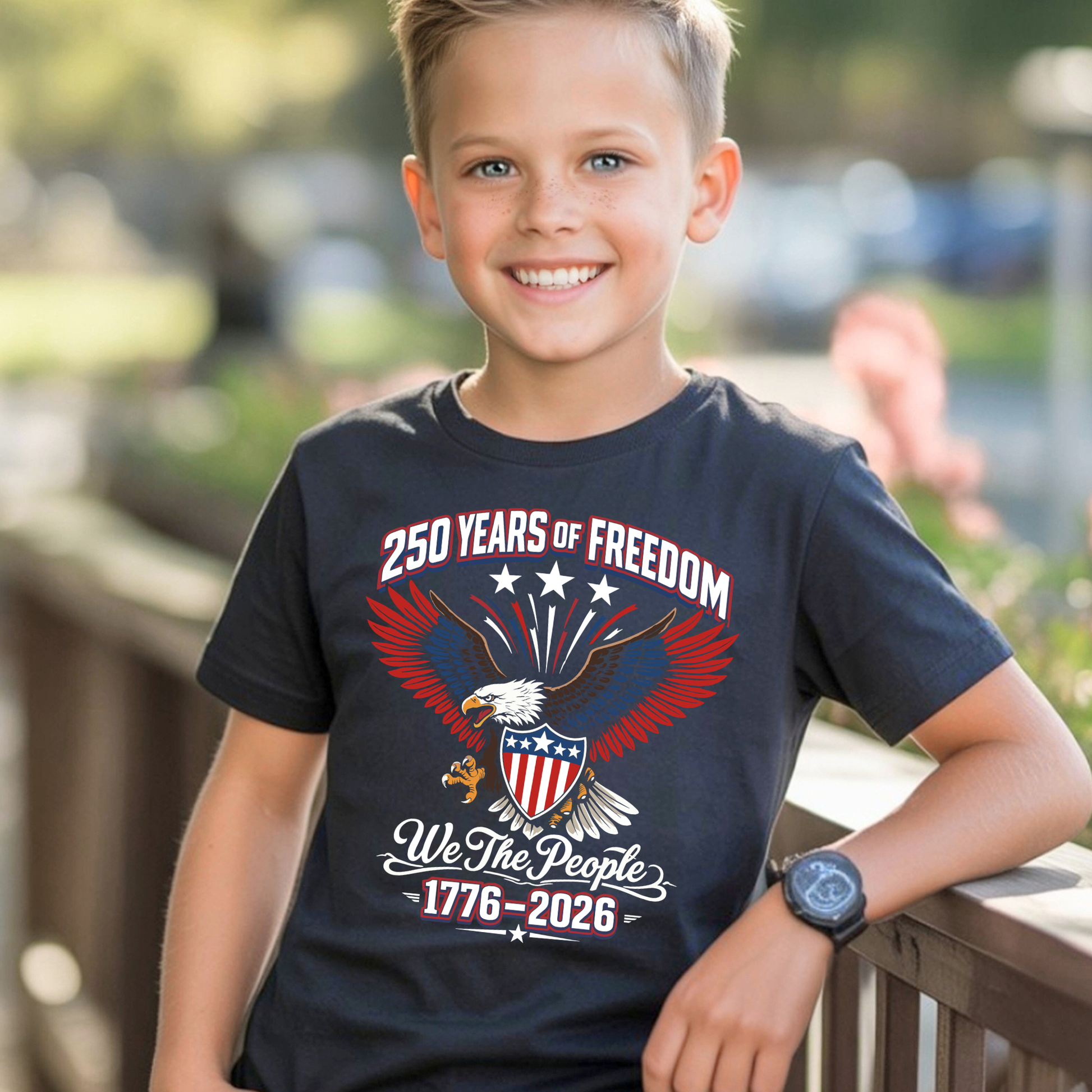 Child wearing a t-shirt with a patriotic America 250 design outdoors