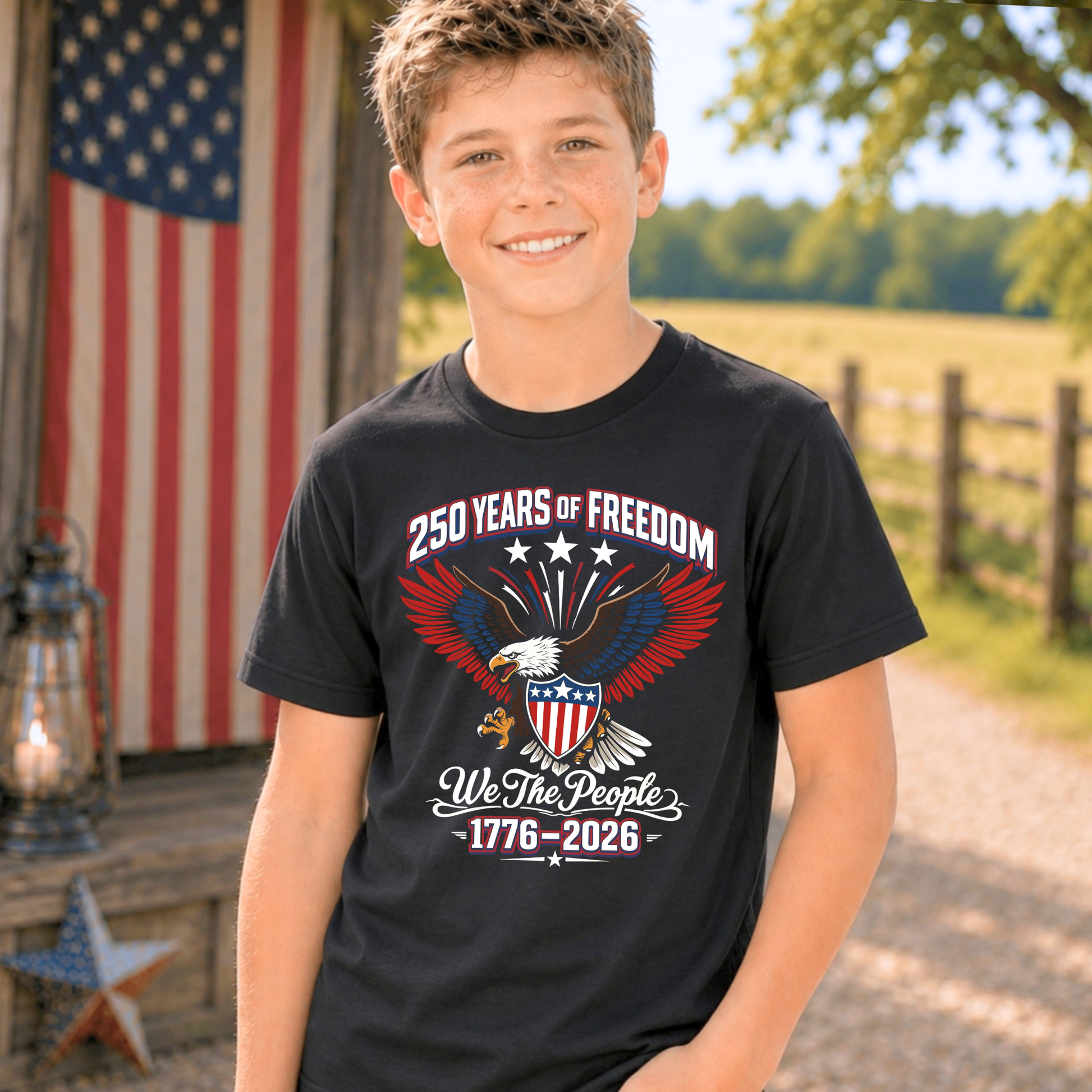 Child wearing apatrioic  black America 250 t-shirt with a patriotic design in front of an American flag.