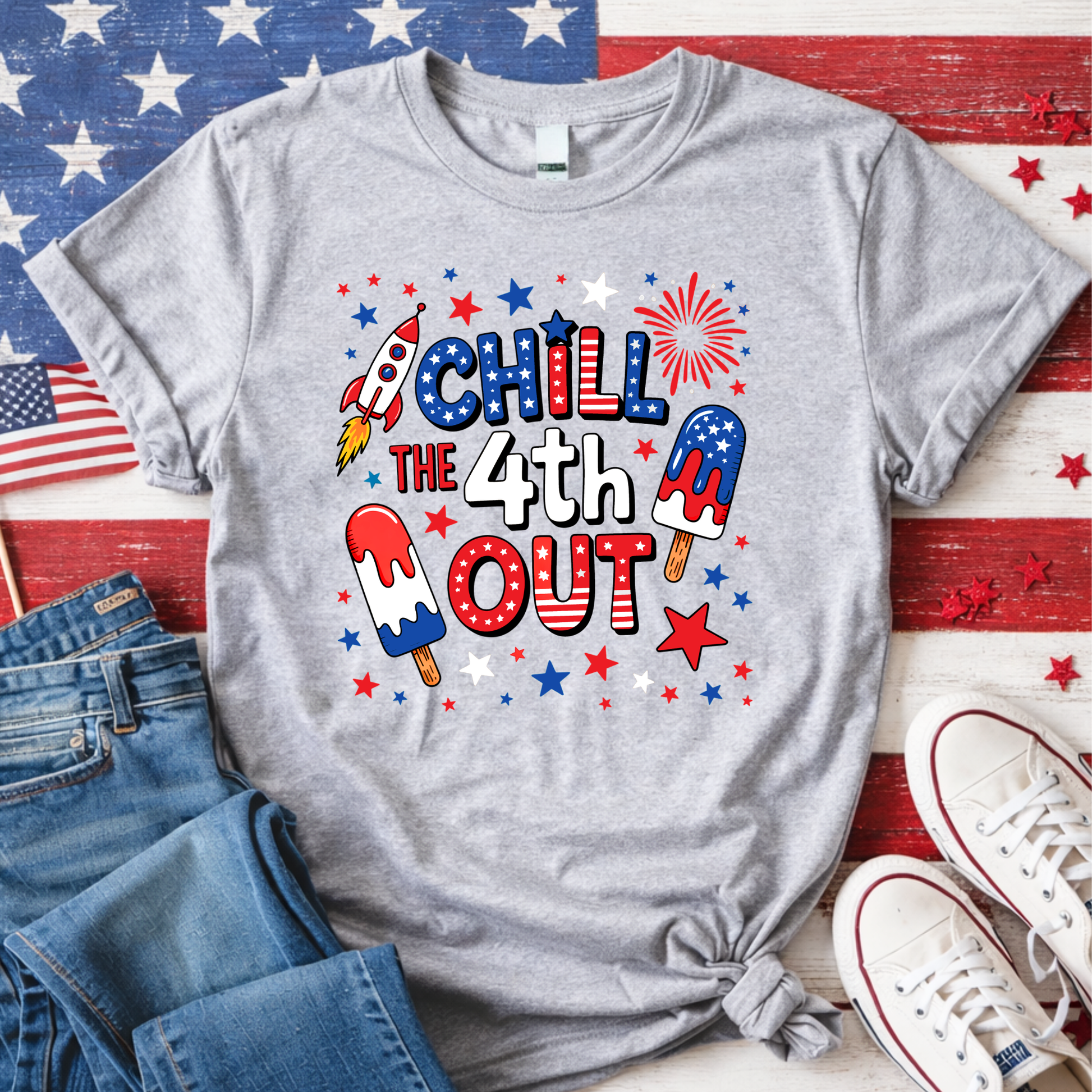 Chill the 4th Out funny patriotic t-shirt in sports gray – women's 4th of July tee with red white and blue ice pop design