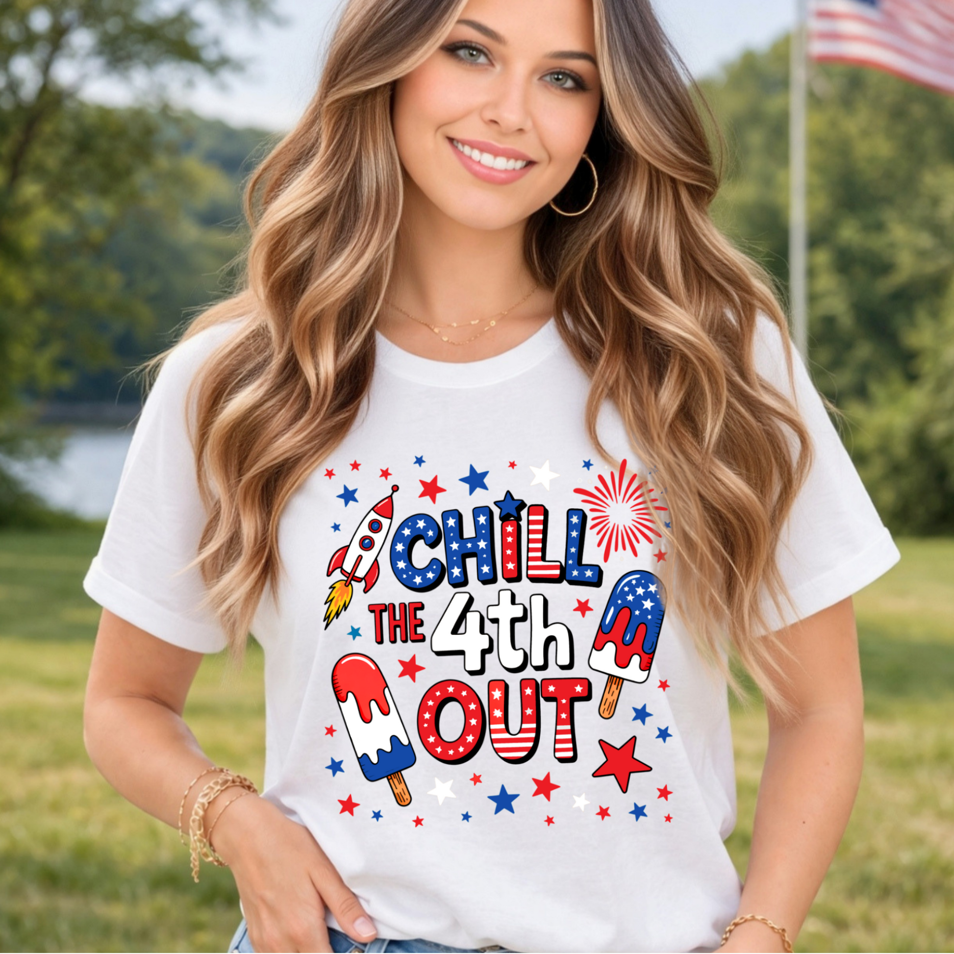 Chill the 4th Out patriotic women's t-shirt in white with red white and blue ice pops fireworks and stars graphic – funny 4th of July tee
