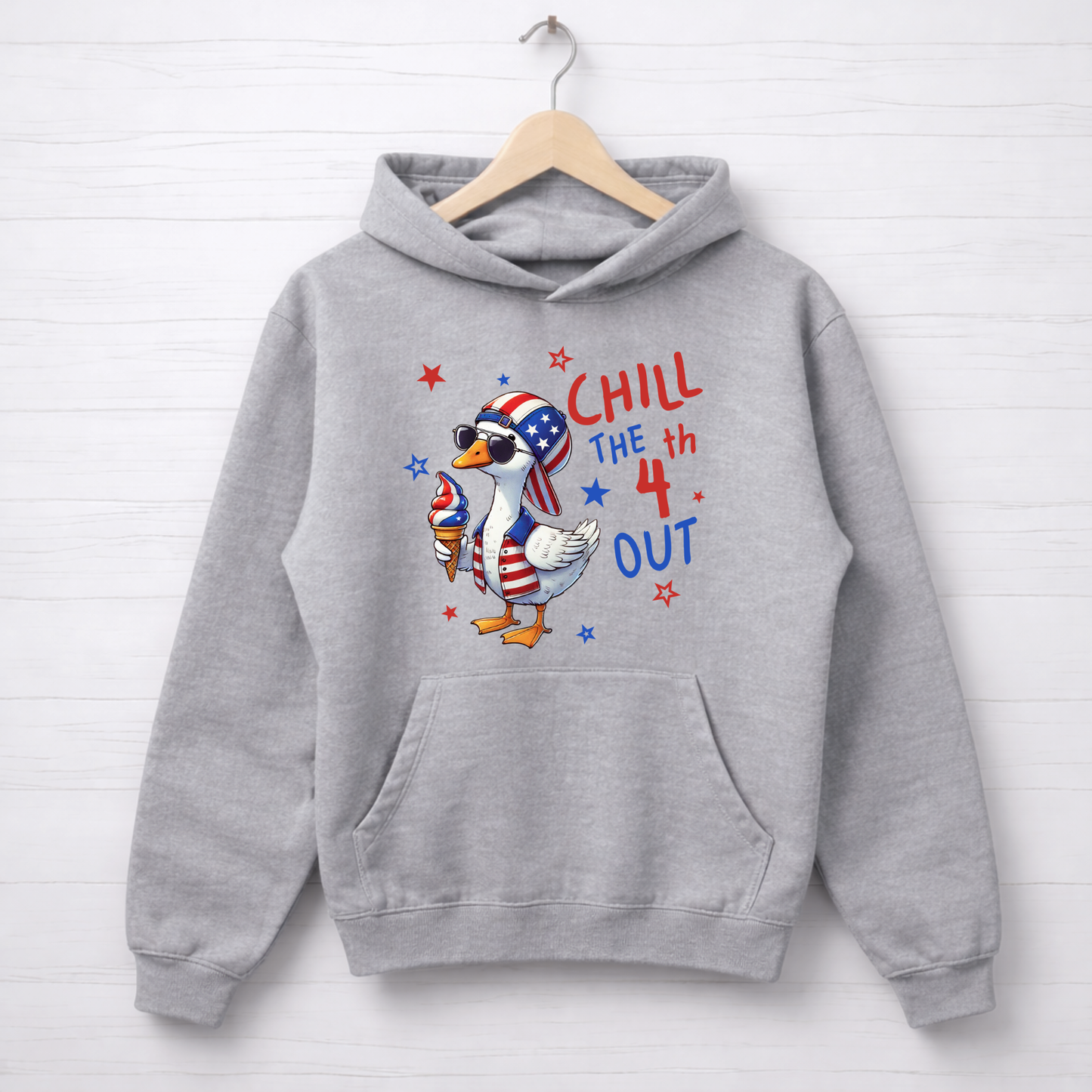 Gray hoodie with a goose graphic and 'Chill the 4th Out' text on a white background