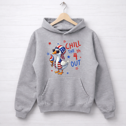 Gray hoodie with a goose graphic and 'Chill the 4th Out' text on a white background