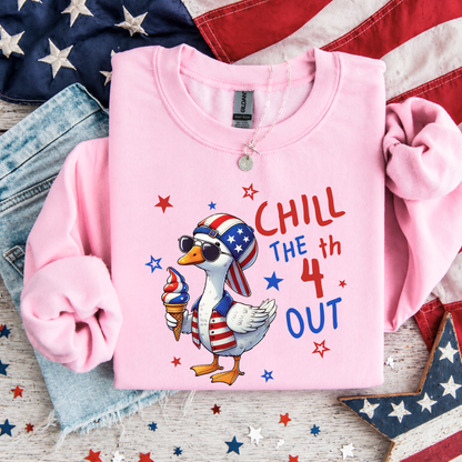 Pink sweatshirt with a goose graphic and 'Chill the 4th Out' text on an American flag background