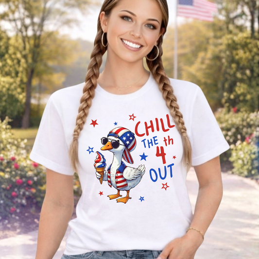 Woman wearing a white t-shirt with a patriotic duck graphic and text, "Chill the 4th Out"