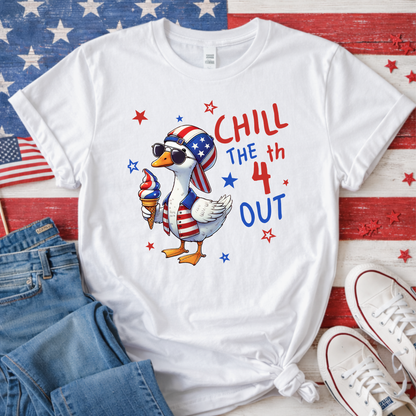 White t-shirt with a patriotic duck design and 'Chill the 4th Out' text on an American flag background.
