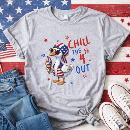 Gray t-shirt with a duck graphic and 'Chill the 4th Out' text on an American flag background.