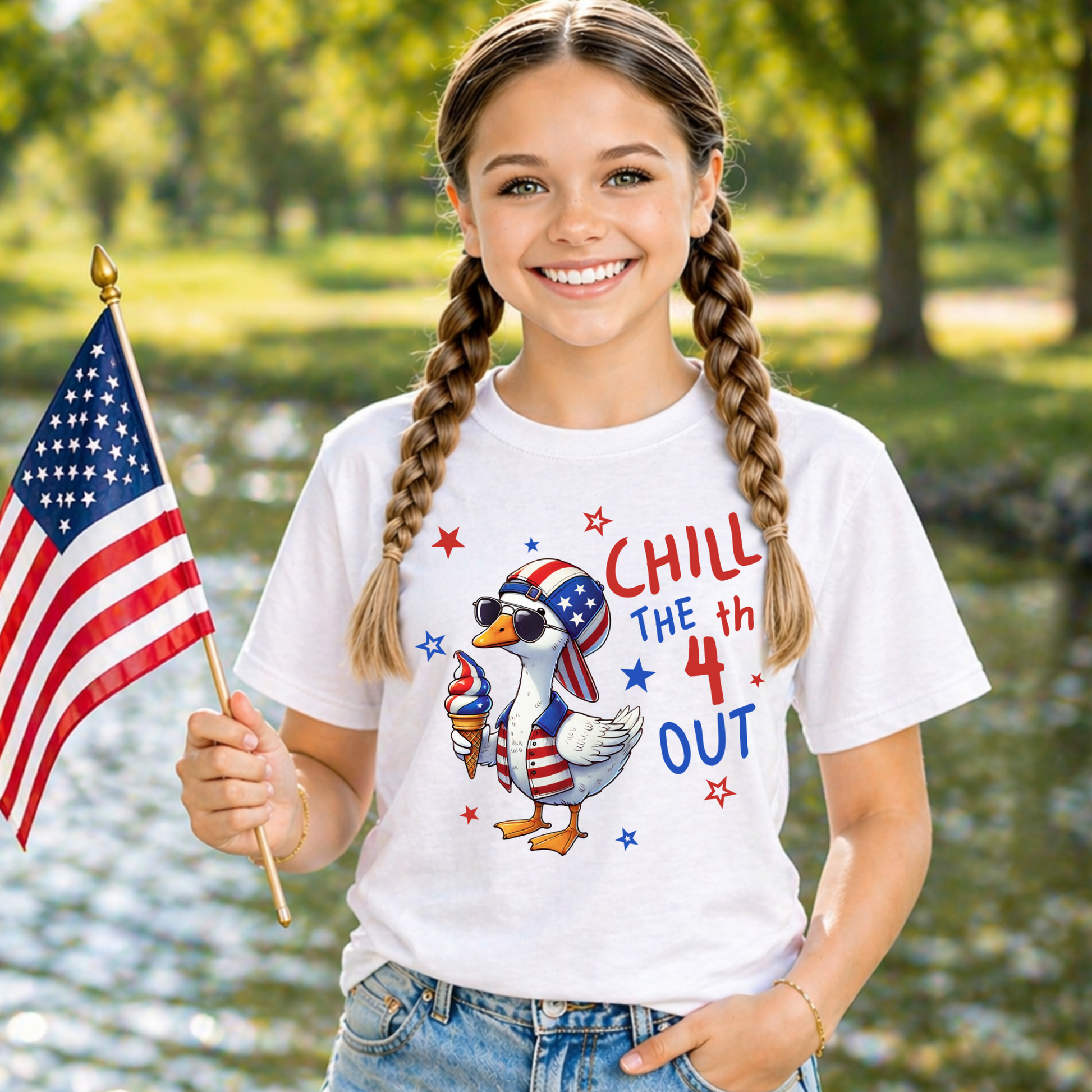 Girl wearing a 'Chill the 4th Out' t-shirt with an American flag and goose graphic, holding a small American flag outdoors. Chill the 4th out youth tshirt