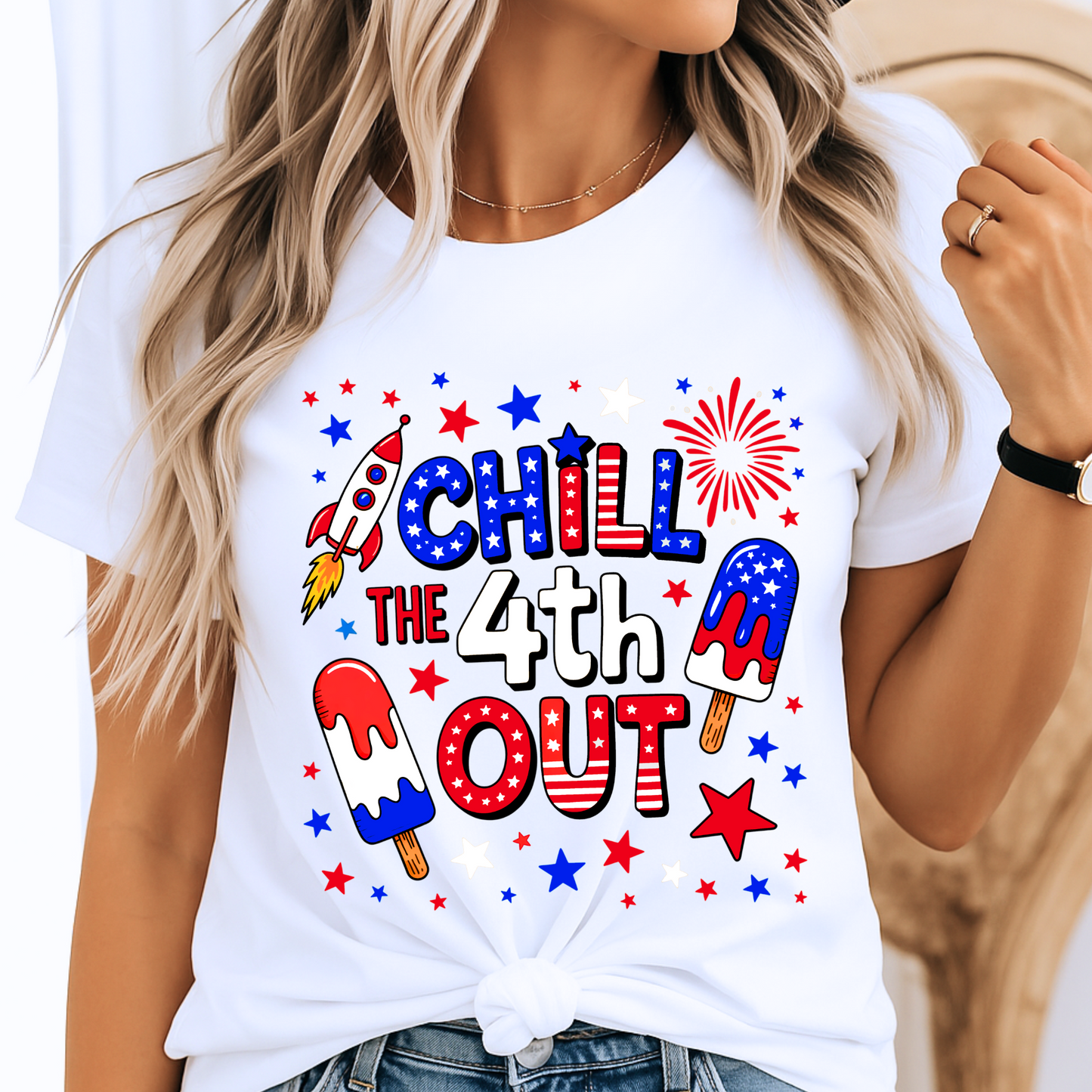 White graphic tee with July 4th rocket and fireworks design

