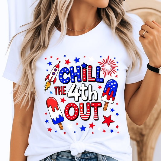 White graphic tee with July 4th rocket and fireworks design

