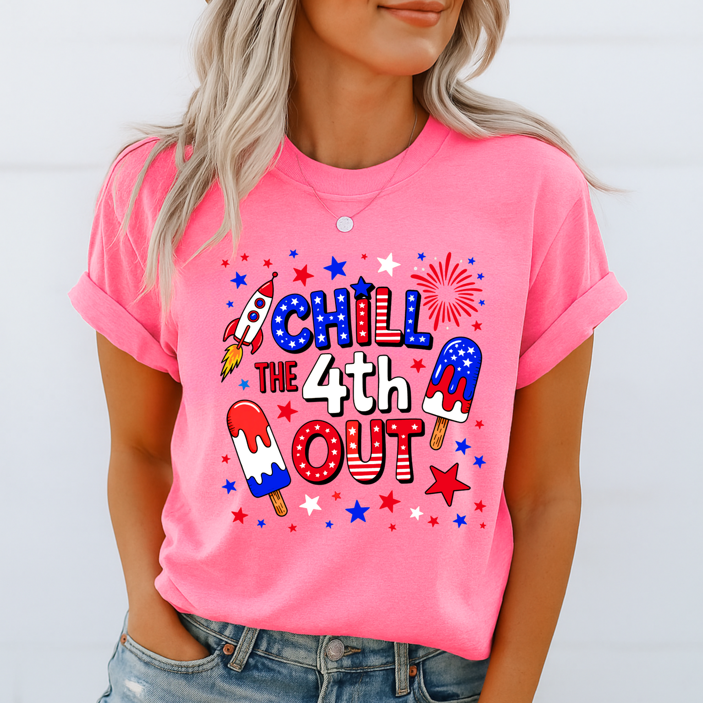 Bright pink 4th of July shirt styled for women