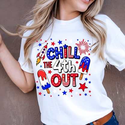 Model in white patriotic shirt with stars and popsicles