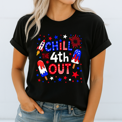 Black graphic tee with July 4th rocket and fireworks design

