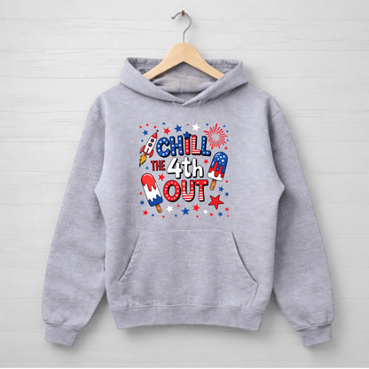 Gray hoodie with 4th of July-themed design on a wooden hanger against a light gray background