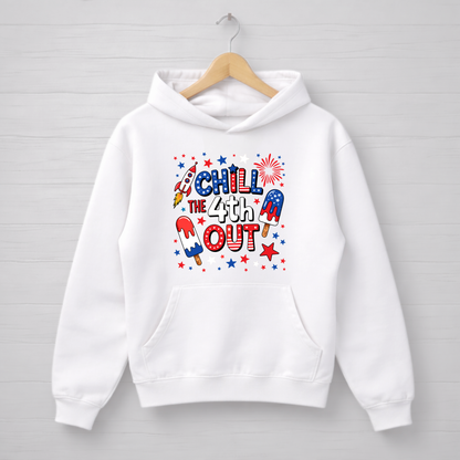 White hoodie with 'Chill the 4th Out' text and graphics on a wooden hanger against a light gray background