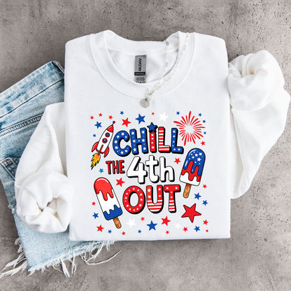 White sweatshirt with 'Chill the 4th Out' text and graphics on a concrete surface.