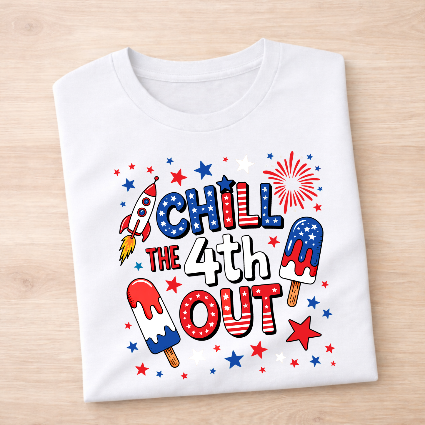 White t-shirt with 4th of July-themed design on a wooden surface