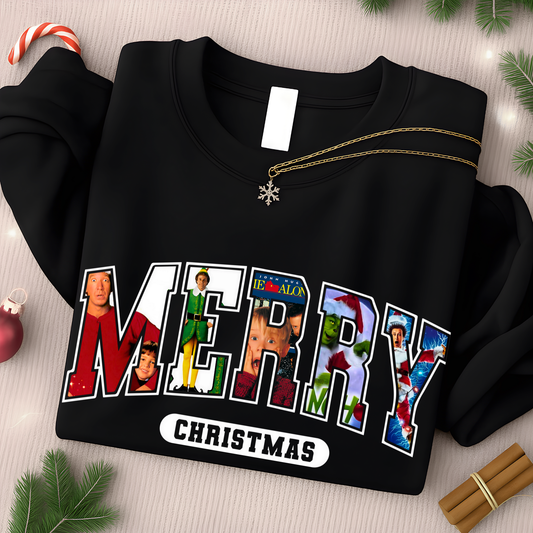 Folded black sweatshirt with holiday MERRY design, flat lay Christmas style