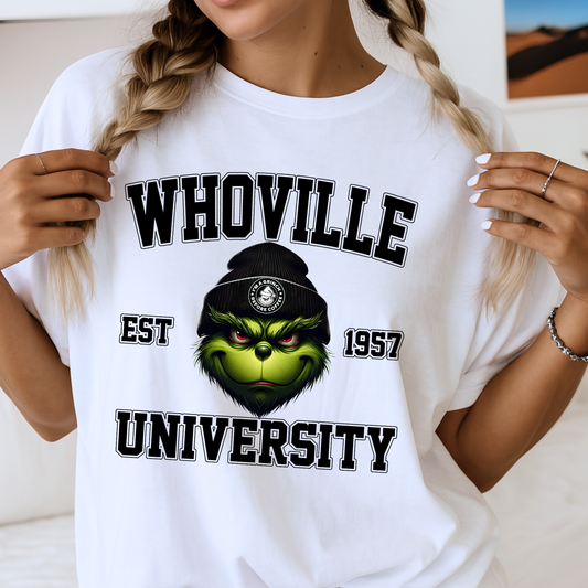 White unisex t-shirt showing Whoville University graphic, close-up view.