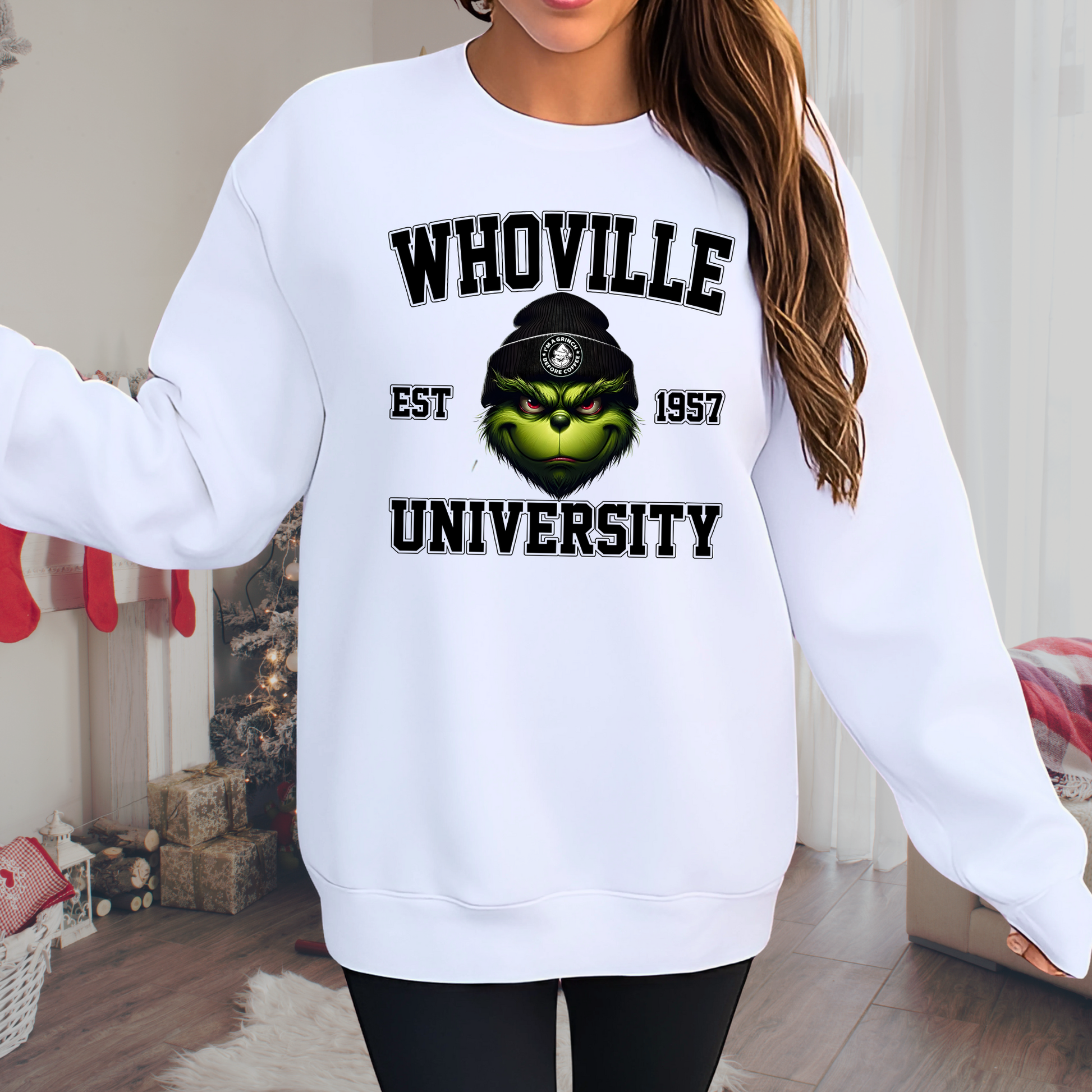 White unisex sweatshirt featuring Whoville University graphic, indoor winter scene.