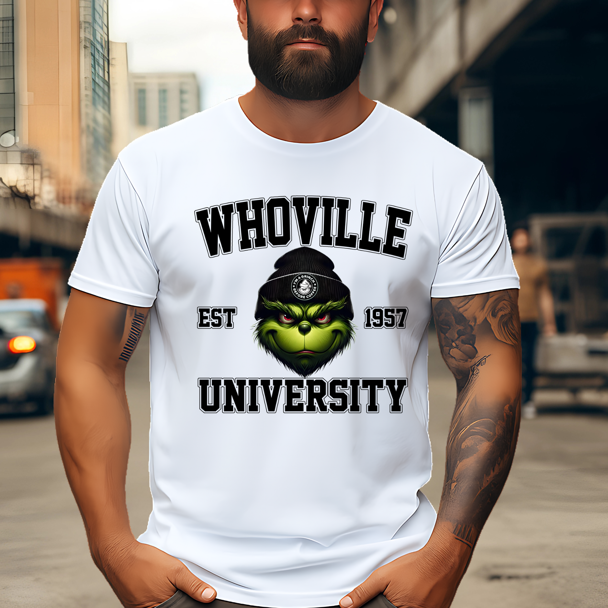 White unisex t-shirt with Whoville University design, street background.