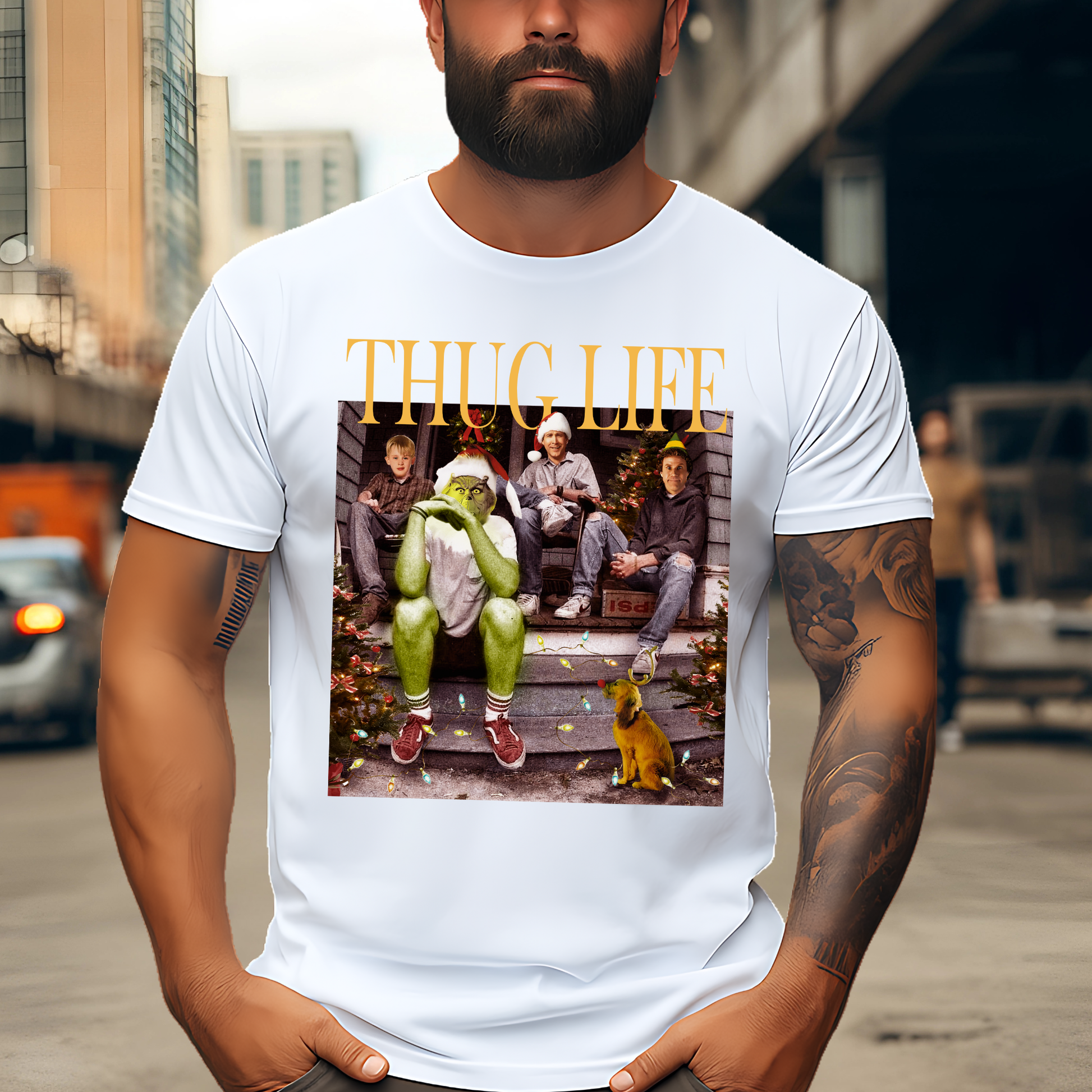 White unisex t-shirt featuring Hard Out Here for a Grinch graphic, casual indoor photo.