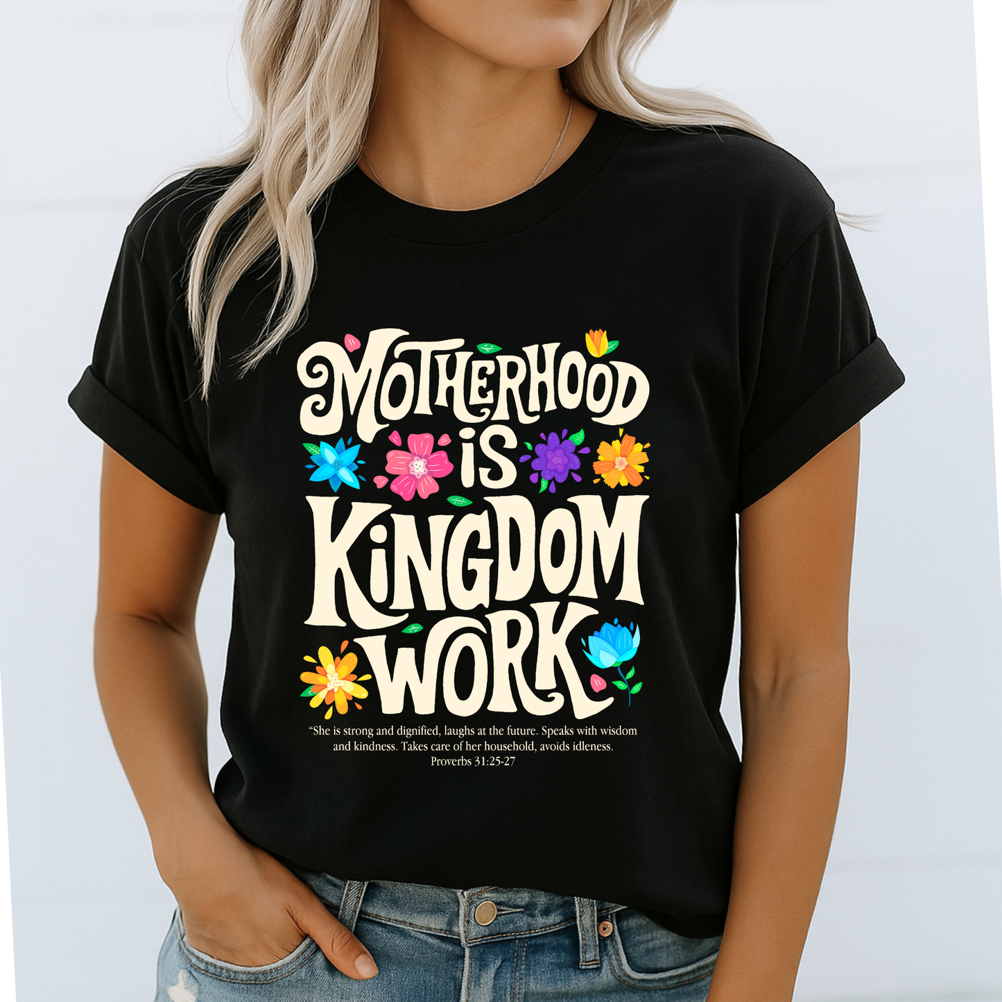  Close-up of floral Christian graphic tee in black