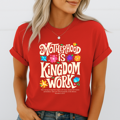 Close-up of floral Christian graphic tee in red

