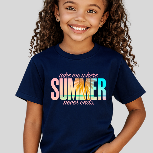 Close-up of navy t-shirt with beach sunset and palm tree graphic, worn by smiling youth girl