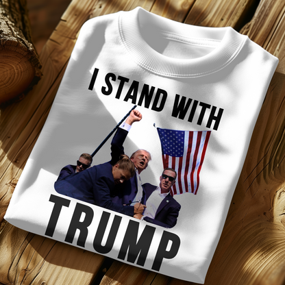 Close-up of white sweatshirt with Trump and Secret Service design – conservative pro-Trump pullover

