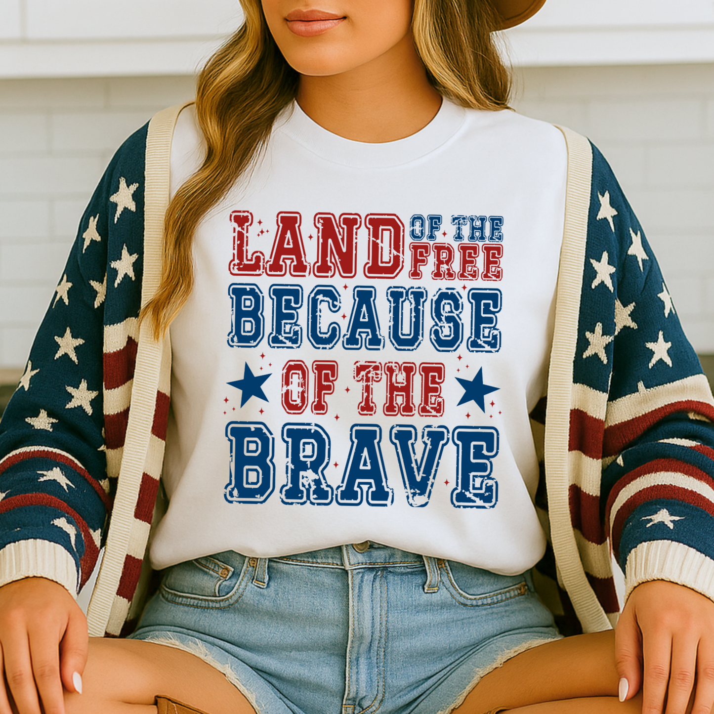 Close-up of white t-shirt with red, blue, and navy patriotic print, styled with casual denim shorts