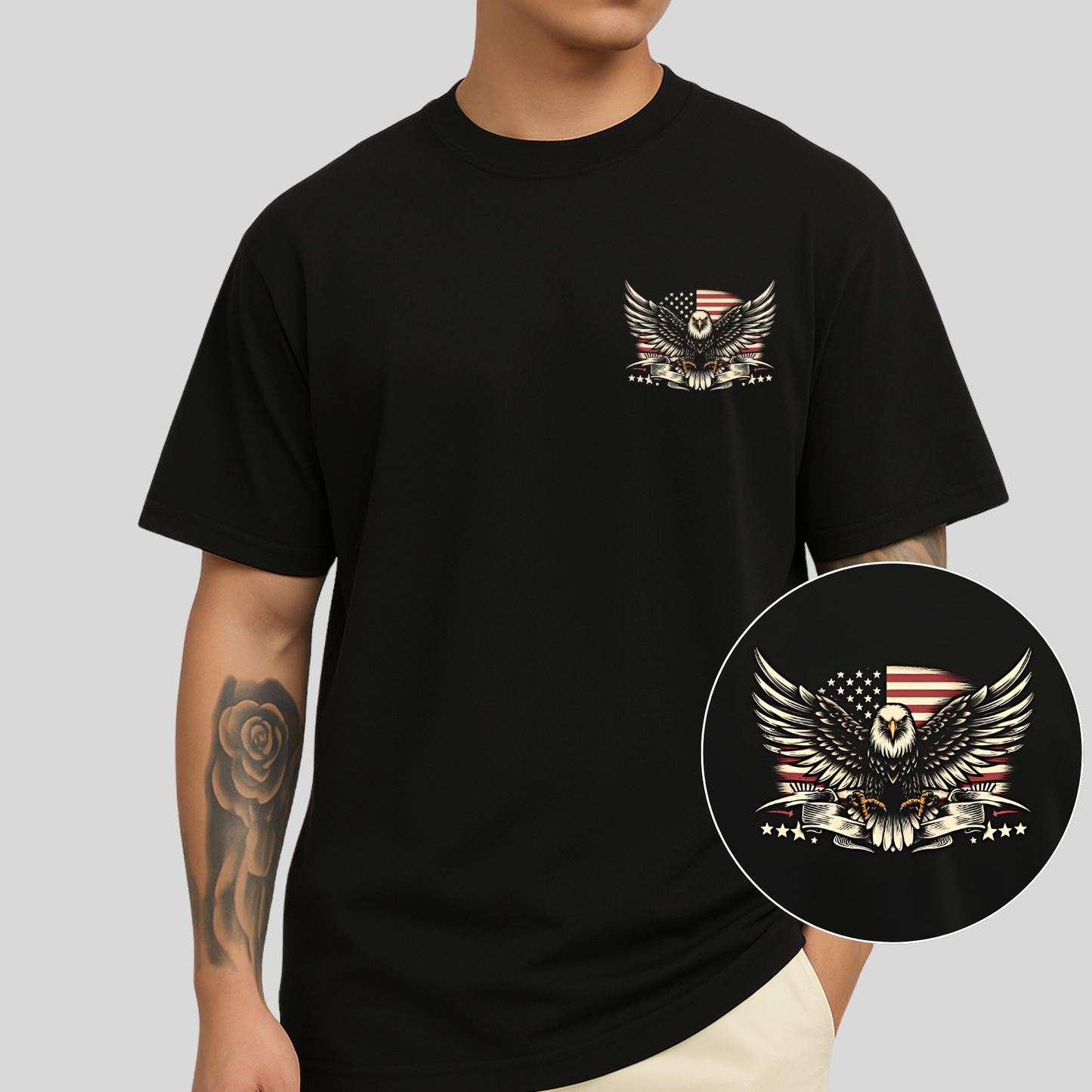 Close up of Americana-inspired men’s T-shirt in Black with detailed eagle print