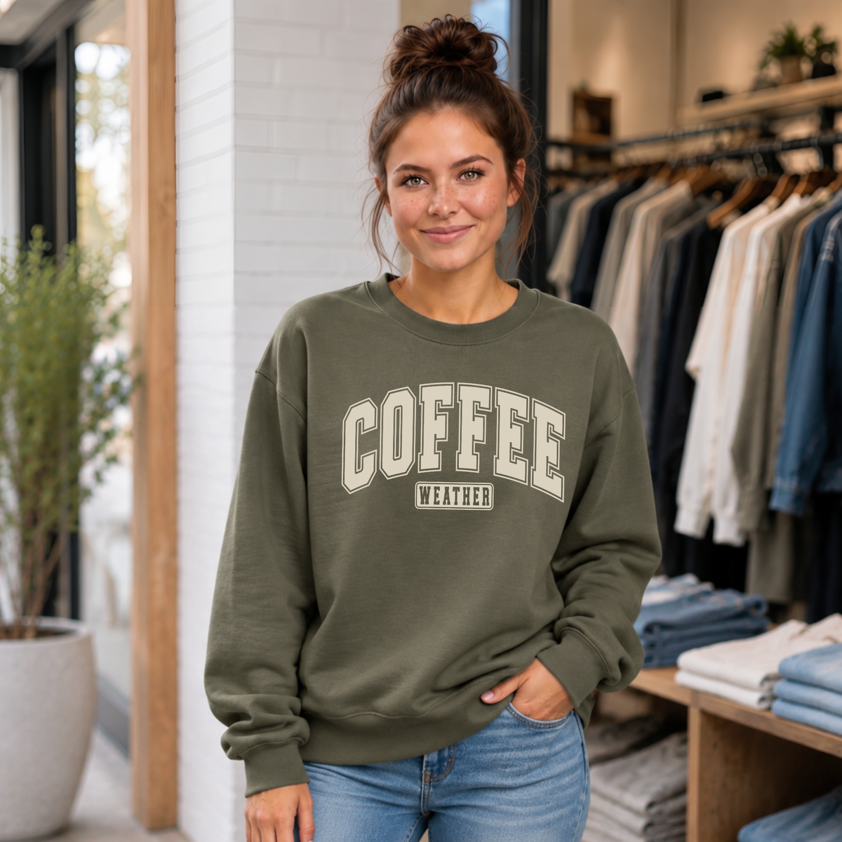 Woman indoors wearing a military green “Coffee Weather” crewneck sweatshirt and jeans.