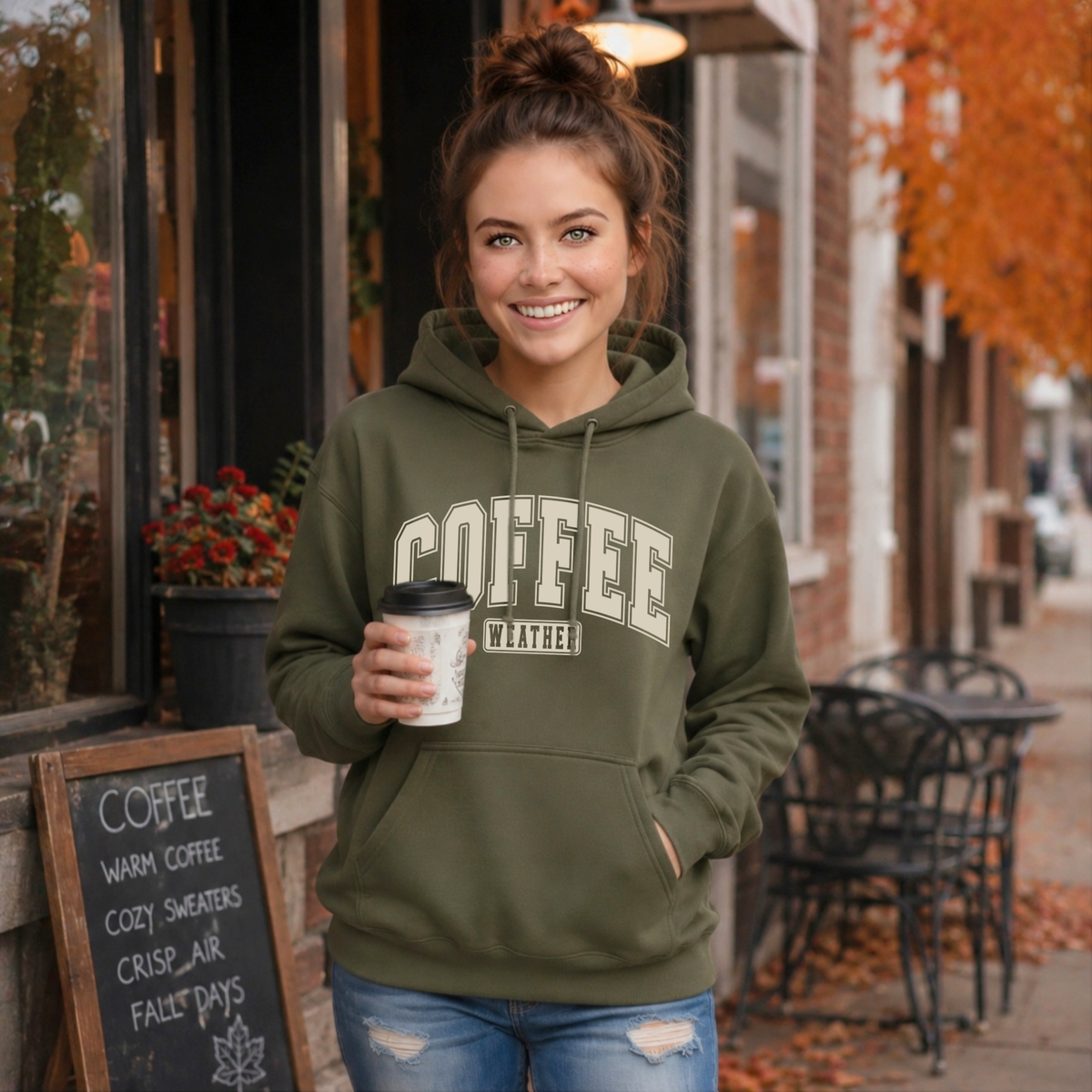 Woman on a city sidewalk wearing a military green hoodie with "COFFEE WEATHER" printed in cream across the front while holding a coffee cup.