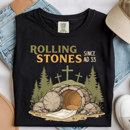Comfort Colors black Christian graphic t-shirt with empty tomb design folded flat with denim and neutral accessories