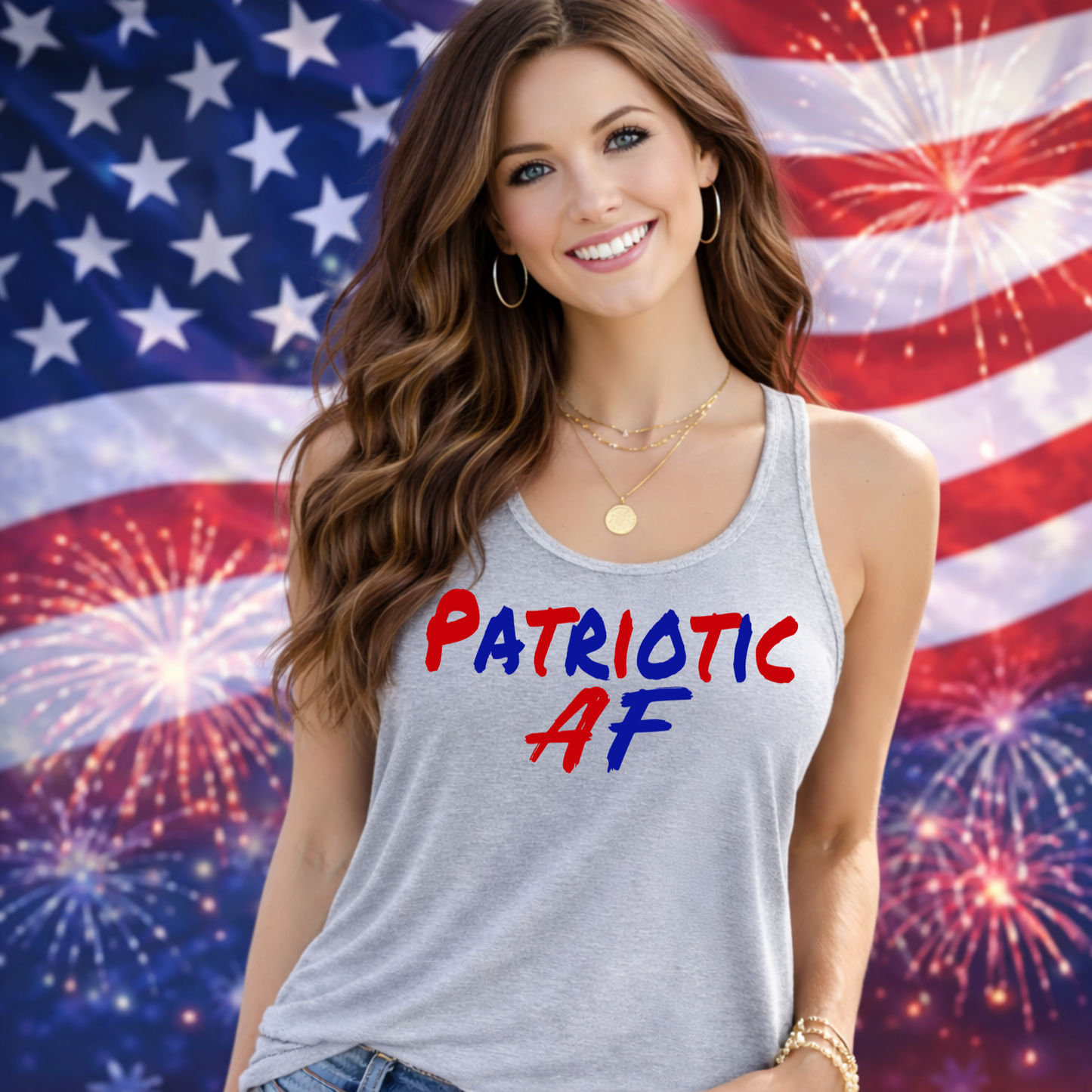 patriotic AF gray racerback tank top womens patriotic shirt fireworks flag background