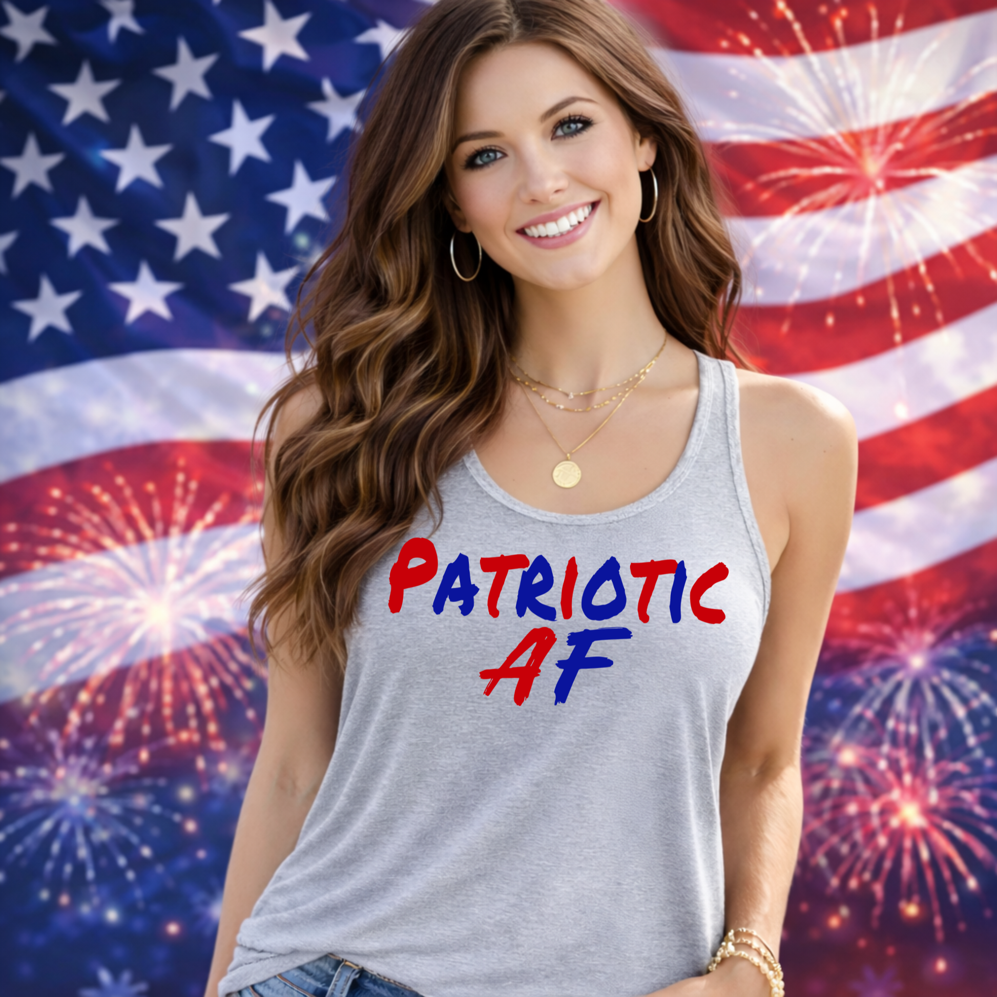 patriotic AF gray racerback tank top womens patriotic shirt fireworks flag background