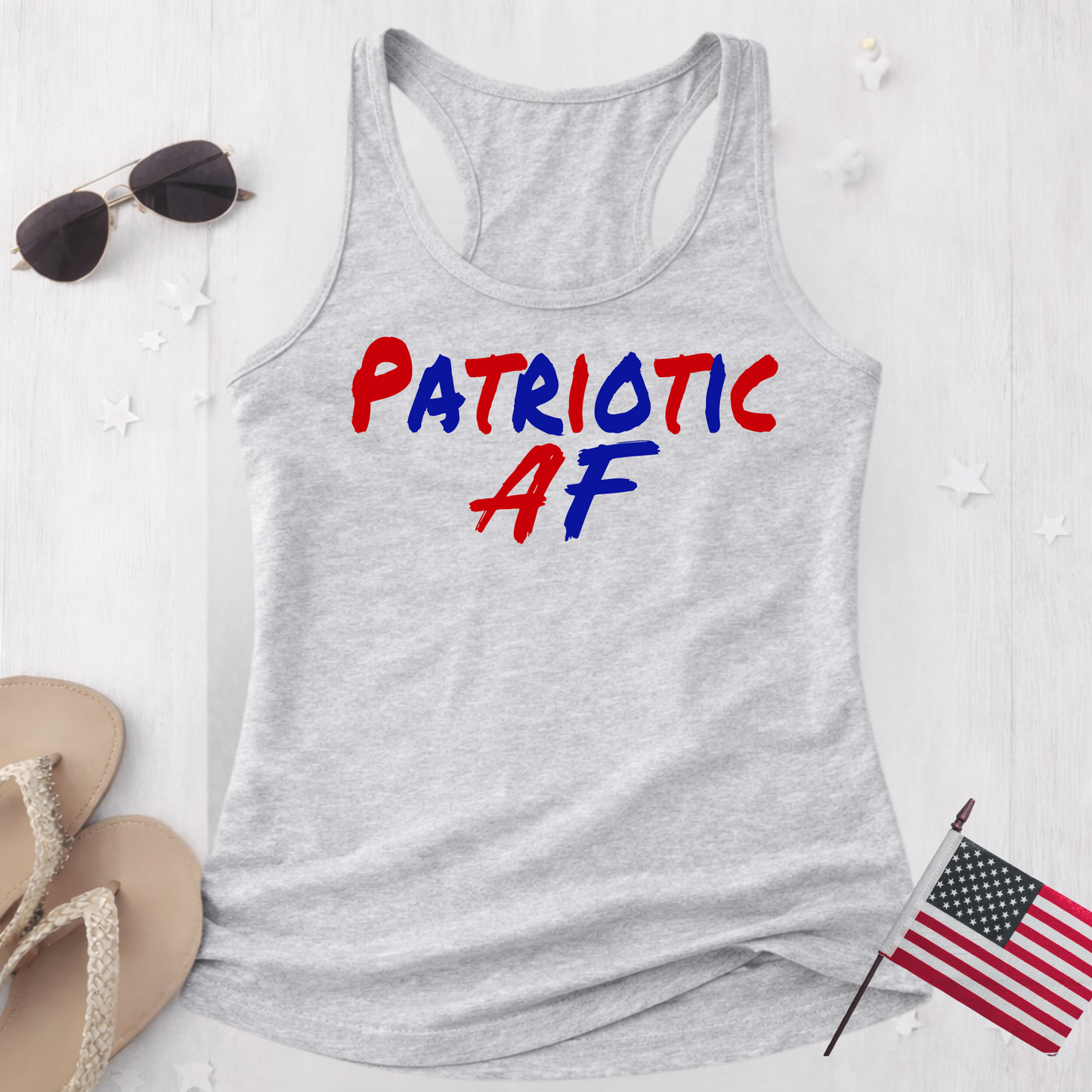 patriotic AF gray racerback tank top flat lay womens summer patriotic shirt