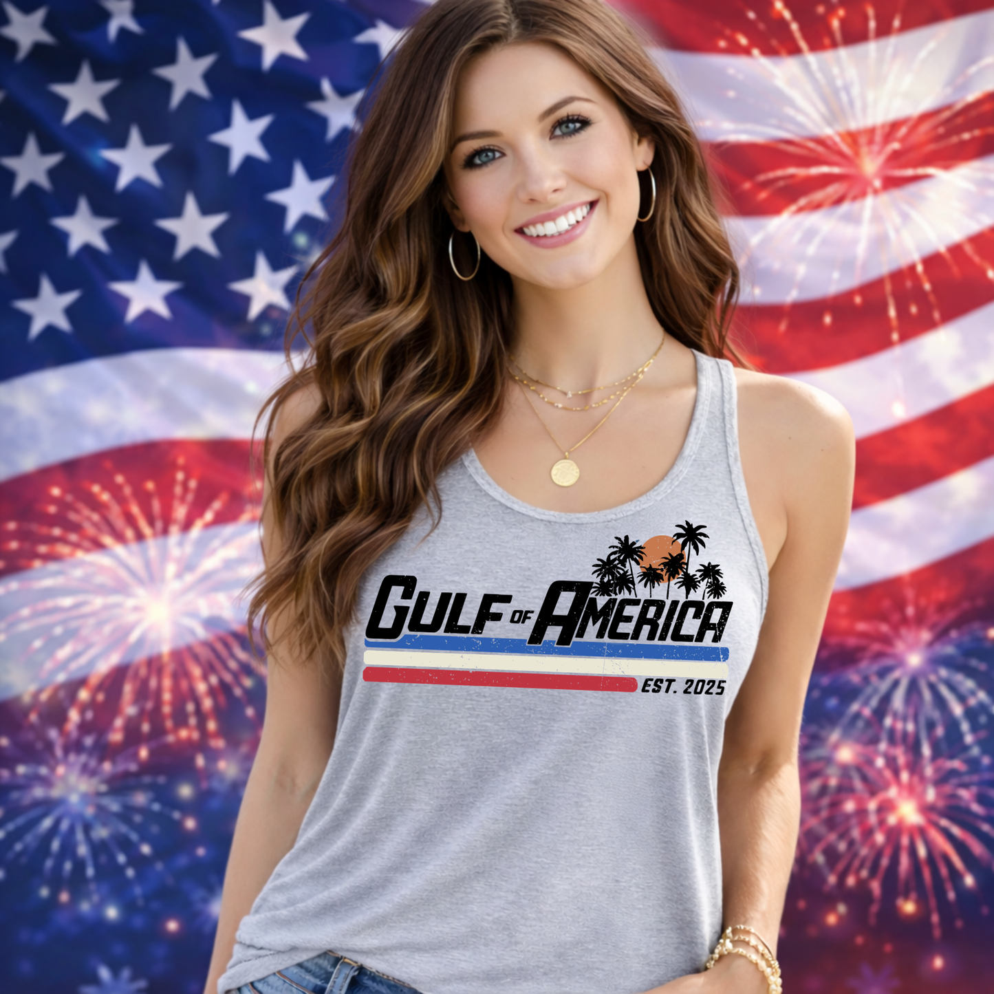 Sports gray women’s racerback tank top with Gulf of America graphic, worn by model in front of American flag and fireworks background, patriotic lifestyle mockup