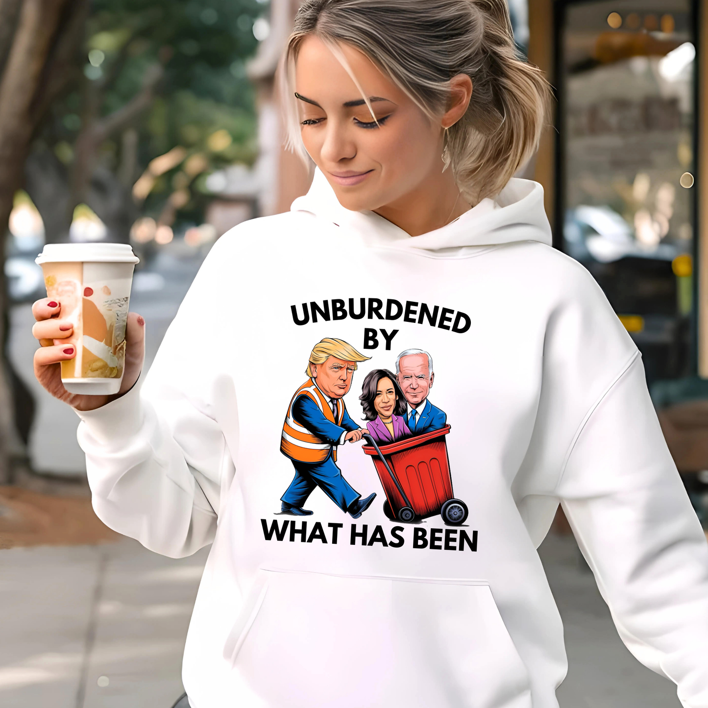 Woman holding a cup  wearing a white hoodie with cartoon-style parody graphic and bold text.