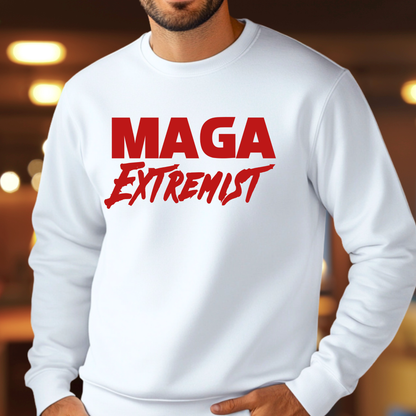 Close-up of MAGA Extremist text on men's white pullover sweatshirt