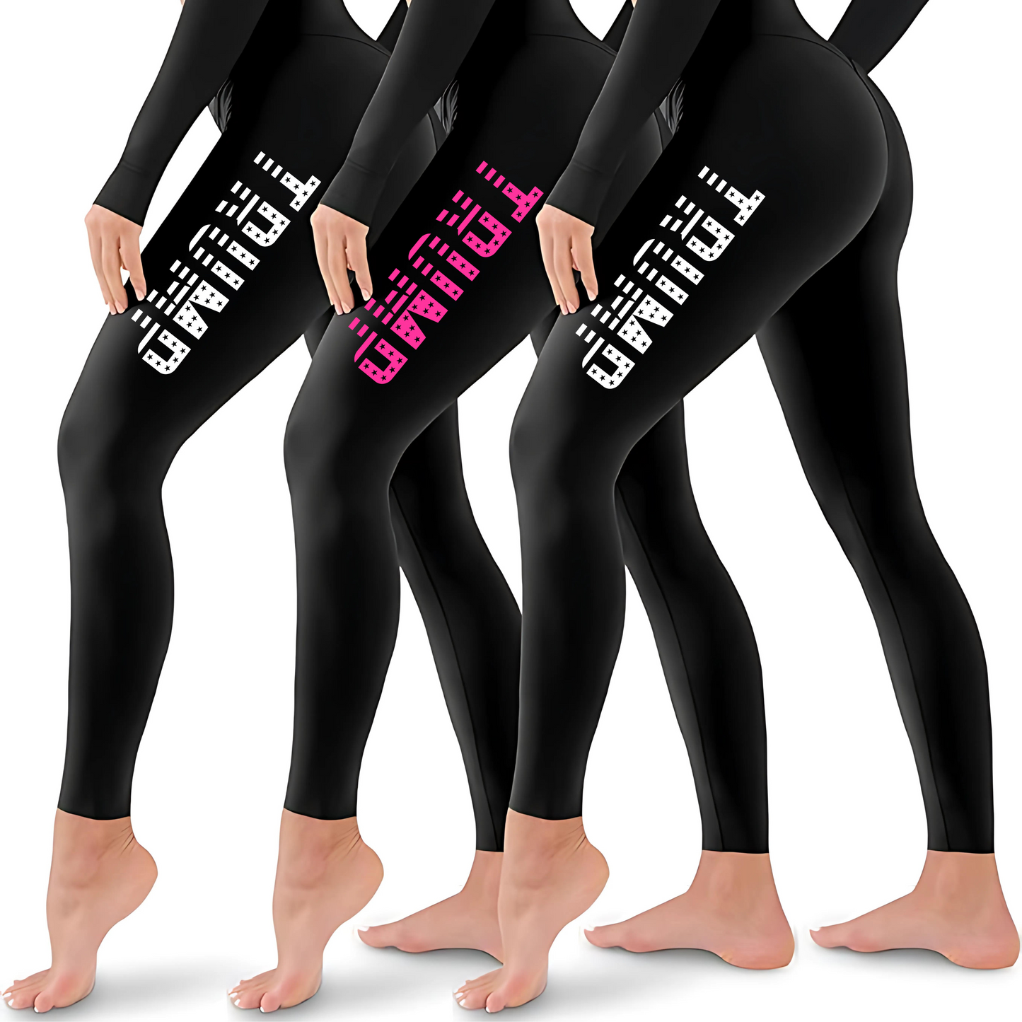Three women modeling TRUMP leggings with pink and white text
