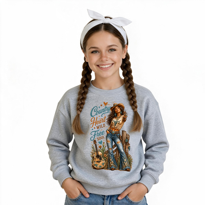 Youth model wearing a sports gray crewneck sweatshirt with the Country Heart Wild Free Soul western cowgirl artwork against a white studio backdrop.
