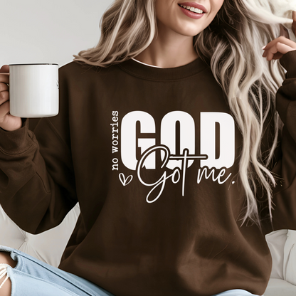 Woman wearing Brown God Got Me sweatshirt – Christian faith pullover with bold white lettering