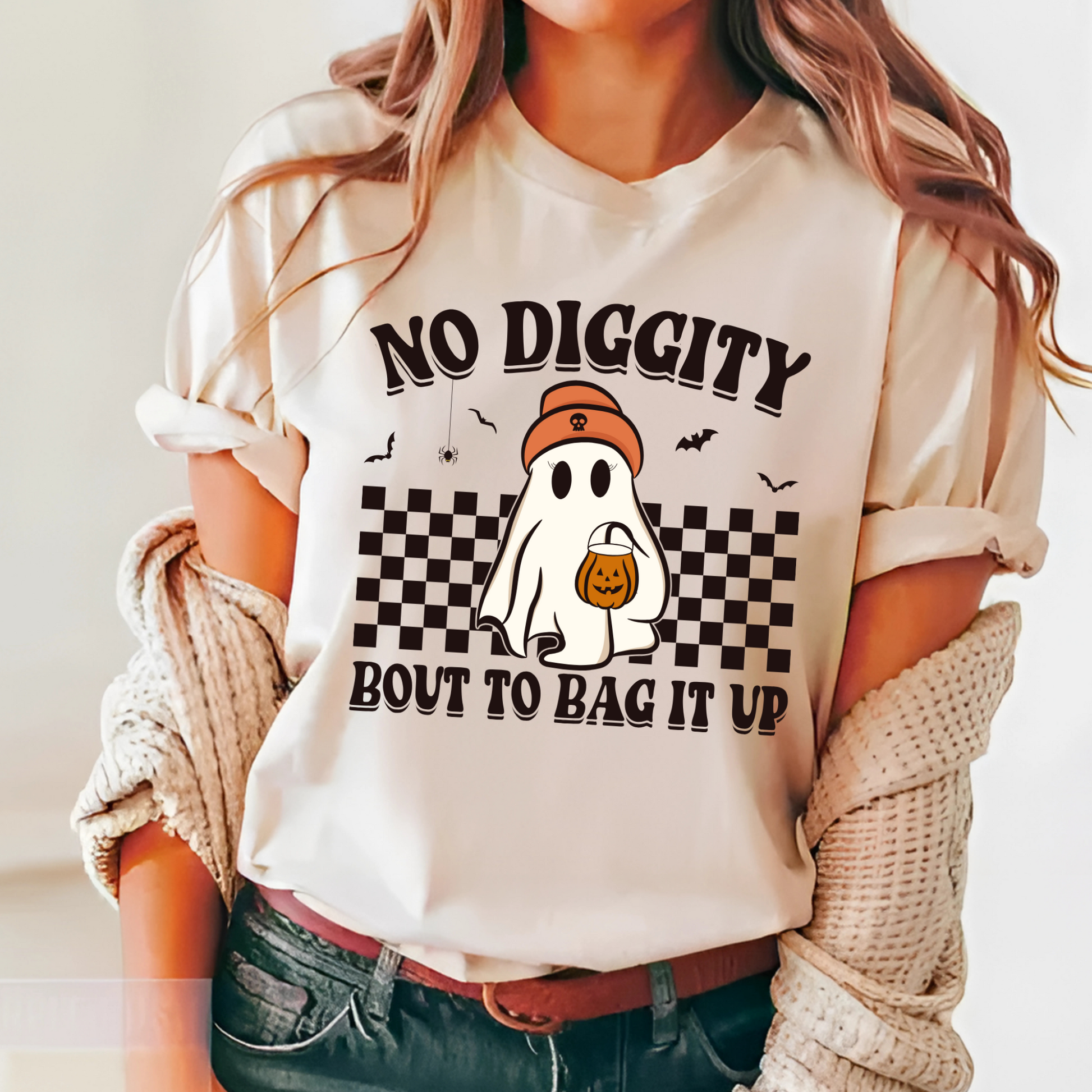 Cream Halloween T-shirt featuring a retro ghost design with checkerboard background. Great for fall, trick-or-treating, and Halloween parties.

