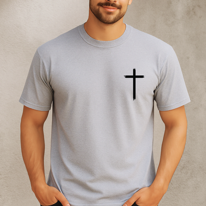 Gray men’s Christian T-shirt with simple front cross and bold JESUS back design