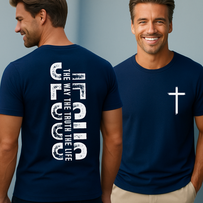 Navy blue faith graphic tee featuring front cross detail and JESUS design on back