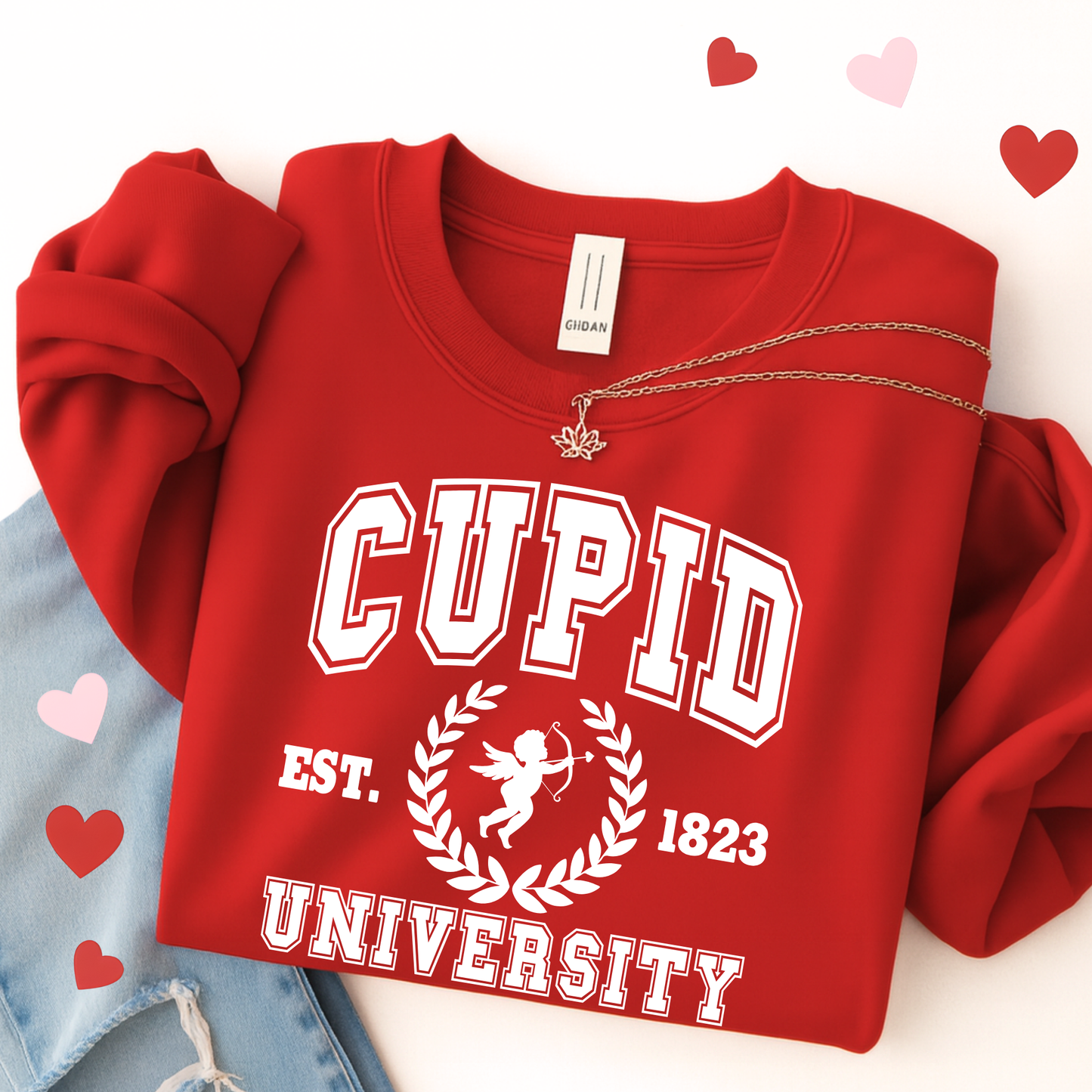 Cupid University Valentine sweatshirt worn on model with relaxed fit and front design visible