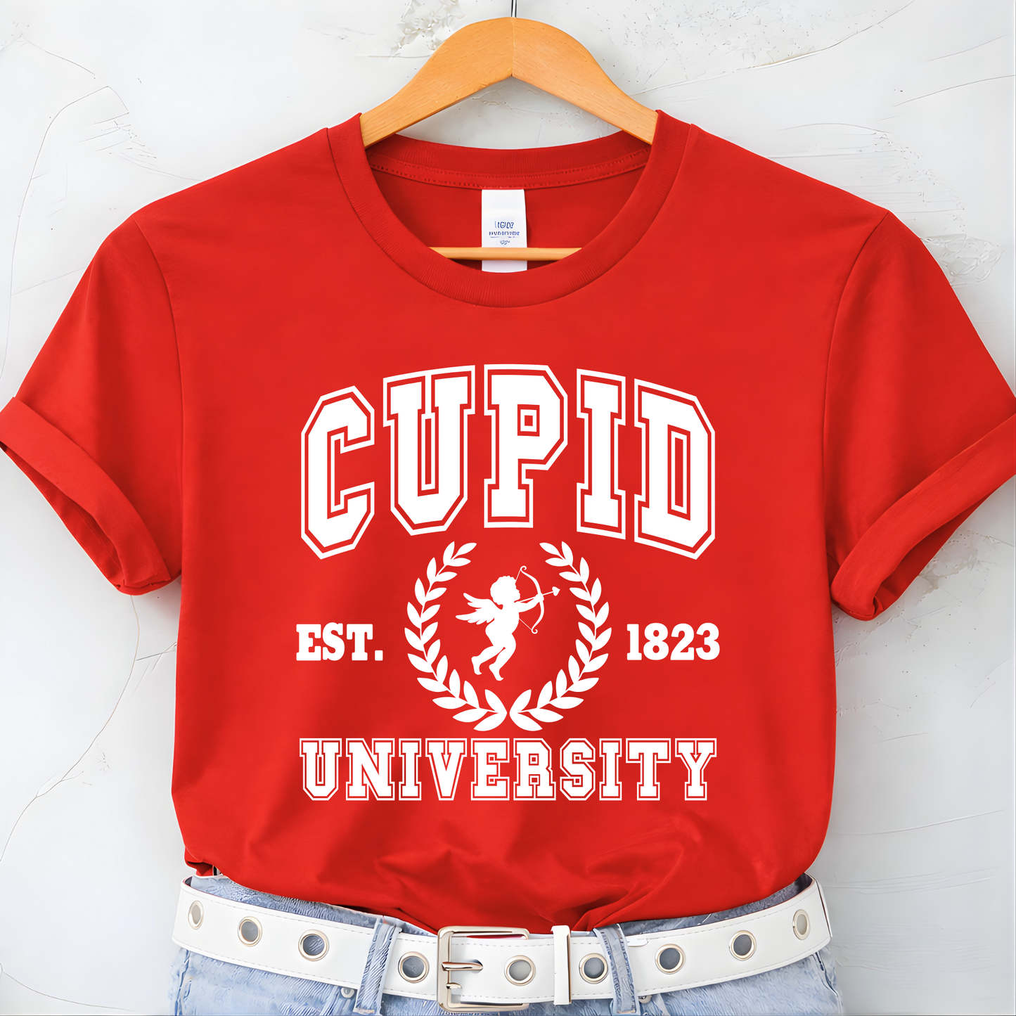 Detail shot of printed Cupid University design texture on sweatshirt fabric